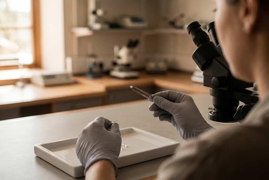 A grader holds a diamond in tweezers beside a stereo microscope