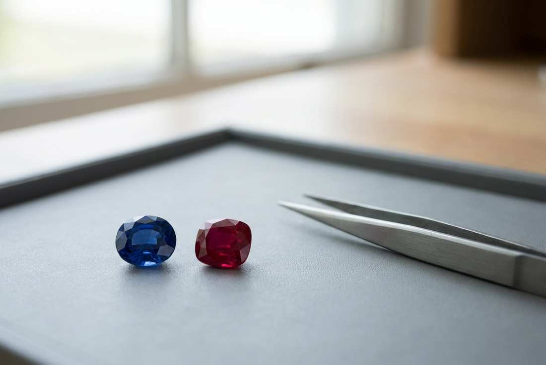 A sapphire and ruby on a grading tray