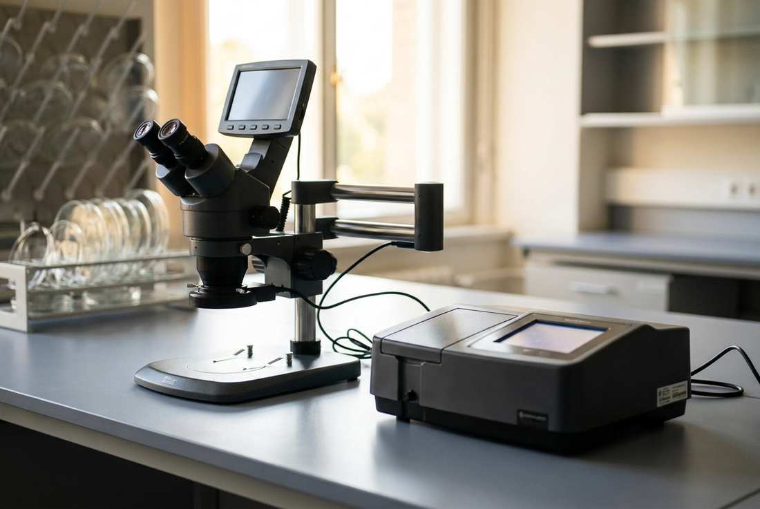 Microscope and spectrophotometer on the bench