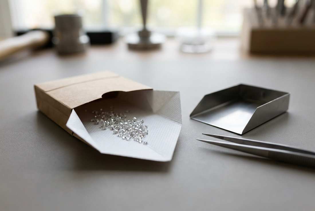 A parcel of melee diamonds in a folded diamond paper beside a scoop