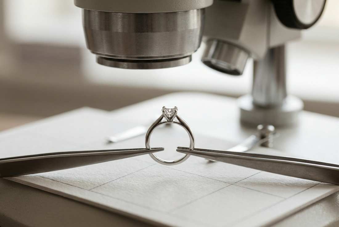 A solitaire ring held in tweezers above a grading pad