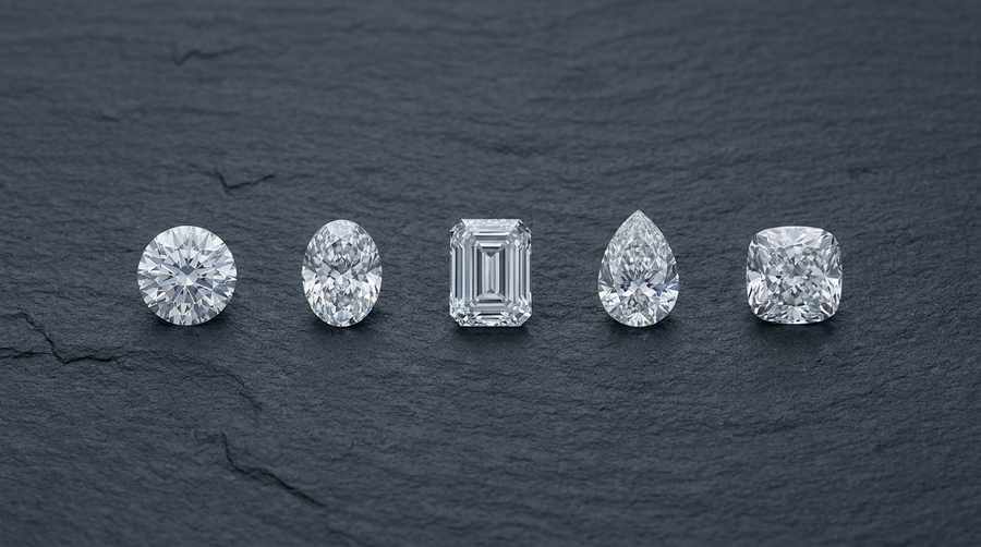 Five loose diamonds of different cuts on dark slate